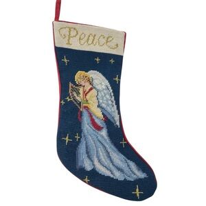 Vintage Wool Needlepoint Angel Christmas Stocking Peace Holiday Decoration